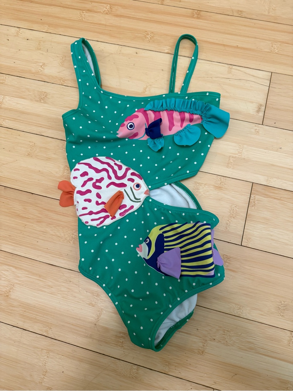 Mini Boden Teal Green Polka Dot One-Piece Swimsuit with Colorful Fish Appliqués